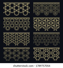 Set of golden seamless borders, line patterns. Tribal ethnic arabic, indian decorative ornaments, fashion gold lace collection. Isolated design elements for headline, banners, wedding invitation cards