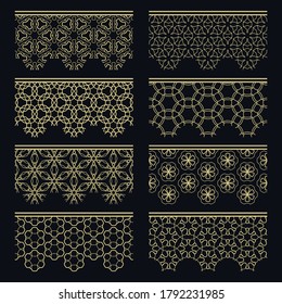 Set of golden seamless borders, line patterns. Tribal ethnic arabic, indian decorative ornaments, fashion gold lace collection. Isolated design elements for headline, banners, wedding invitation cards