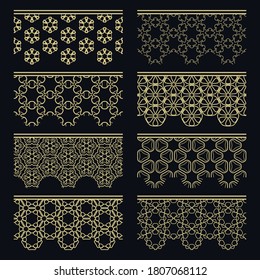 Set of golden seamless borders, line patterns. Tribal ethnic arabic, indian decorative ornaments, fashion gold lace collection. Isolated design elements for headline, banners, wedding invitation cards