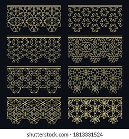 Set of golden seamless borders, line patterns. Tribal ethnic arabic, indian decorative ornaments, fashion gold lace collection. Isolated design elements for headline, banners, wedding invitation cards