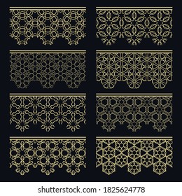 Conjunto de bordes dorados sin soldadura, patrones de línea. Arábico étnico tribal, adornos decorativos indios, colección de encajes de oro de moda. Elementos de diseño aislados para titulares, banners, tarjetas de invitación para bodas