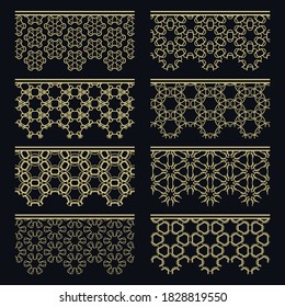 Set of golden seamless borders, line patterns. Tribal ethnic arabic, indian decorative ornaments, fashion gold lace collection. Isolated design elements for headline, banners, wedding invitation cards