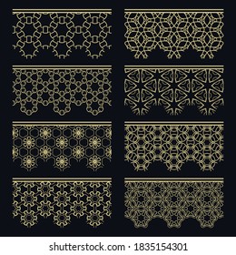 Conjunto de bordes dorados sin soldadura, patrones de línea. Arábico étnico tribal, adornos decorativos indios, colección de encajes de oro de moda. Elementos de diseño aislados para titulares, banners, tarjetas de invitación para bodas