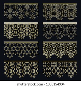 Satz goldener nahtloser Grenzen, Zeilenmuster. Ethnische arabische Stämme, indische Zierdekorationen, Modegoldholzsammlung. Einzige Design-Elemente für Schlagzeilen, Banner, Einladungskarten für Hochzeiten