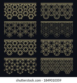 Set of golden seamless borders, line patterns. Tribal ethnic arabic, indian decorative ornaments, fashion gold lace collection. Isolated design elements for headline, banners, wedding invitation cards