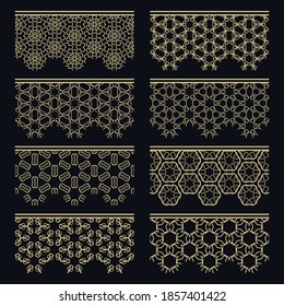 Set of golden seamless borders, line patterns. Tribal ethnic arabic, indian decorative ornaments, fashion gold lace collection. Isolated design elements for headline, banners, wedding invitation cards