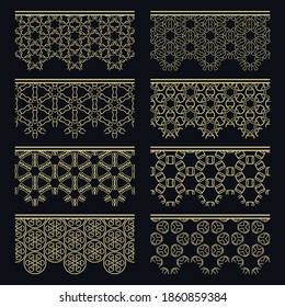 Satz goldener nahtloser Grenzen, Zeilenmuster. Ethnische arabische Stämme, indische Zierdekorationen, Modegoldholzsammlung. Einzige Design-Elemente für Schlagzeilen, Banner, Einladungskarten für Hochzeiten