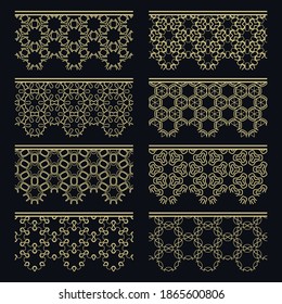 Set of golden seamless borders, line patterns. Tribal ethnic arabic, indian decorative ornaments, fashion gold lace collection. Isolated design elements for headline, banners, wedding invitation cards