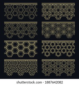 Set of golden seamless borders, line patterns. Tribal ethnic arabic, indian decorative ornaments, fashion gold lace collection. Isolated design elements for headline, banners, wedding invitation cards