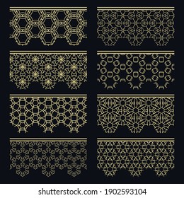 Set of golden seamless borders, line patterns. Tribal ethnic arabic, indian decorative ornaments, fashion gold lace collection. Isolated design elements for headline, banners, wedding invitation cards