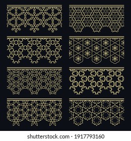 Satz goldener nahtloser Grenzen, Zeilenmuster. Ethnische arabische Stämme, indische Zierdekorationen, Modegoldholzsammlung. Einzige Design-Elemente für Schlagzeilen, Banner, Einladungskarten für Hochzeiten