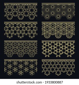 Set of golden seamless borders, line patterns. Tribal ethnic arabic, indian decorative ornaments, fashion gold lace collection. Isolated design elements for headline, banners, wedding invitation cards