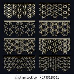 Satz goldener nahtloser Grenzen, Zeilenmuster. Ethnische arabische Stämme, indische Zierdekorationen, Modegoldholzsammlung. Einzige Design-Elemente für Schlagzeilen, Banner, Einladungskarten für Hochzeiten