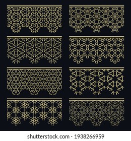 Conjunto de bordes dorados sin soldadura, patrones de línea. Arábico étnico tribal, adornos decorativos indios, colección de encajes de oro de moda. Elementos de diseño aislados para titulares, banners, tarjetas de invitación para bodas