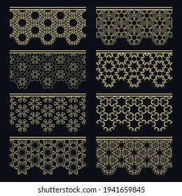 Set of golden seamless borders, line patterns. Tribal ethnic arabic, indian decorative ornaments, fashion gold lace collection. Isolated design elements for headline, banners, wedding invitation cards