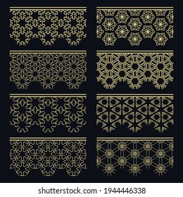 Conjunto de bordes dorados sin soldadura, patrones de línea. Arábico étnico tribal, adornos decorativos indios, colección de encajes de oro de moda. Elementos de diseño aislados para titulares, banners, tarjetas de invitación para bodas