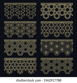 Set of golden seamless borders, line patterns. Tribal ethnic arabic, indian decorative ornaments, fashion gold lace collection. Isolated design elements for headline, banners, wedding invitation cards