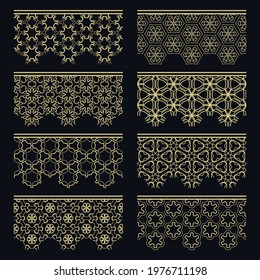 Set of golden seamless borders, line patterns. Tribal ethnic arabic, indian decorative ornaments, fashion gold lace collection. Isolated design elements for headline, banners, wedding invitation cards