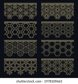 Set of golden seamless borders, line patterns. Tribal ethnic arabic, indian decorative ornaments, fashion gold lace collection. Isolated design elements for headline, banners, wedding invitation cards
