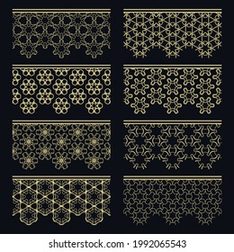 Conjunto de bordes dorados sin soldadura, patrones de línea. Arábico étnico tribal, adornos decorativos indios, colección de encajes de oro de moda. Elementos de diseño aislados para titulares, banners, tarjetas de invitación para bodas