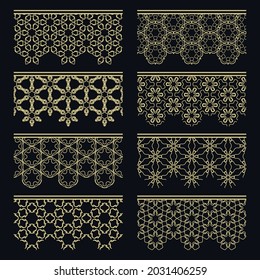 Satz goldener nahtloser Grenzen, Zeilenmuster. Ethnische arabische Stämme, indische Zierdekorationen, Modegoldholzsammlung. Einzige Design-Elemente für Schlagzeilen, Banner, Einladungskarten für Hochzeiten