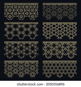 Set of golden seamless borders, line patterns. Tribal ethnic arabic, indian decorative ornaments, fashion gold lace collection. Isolated design elements for headline, banners, wedding invitation cards