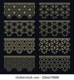 Set of golden seamless borders, line patterns. Tribal ethnic arabic, indian decorative ornaments, fashion gold lace collection. Isolated design elements for headline, banners, wedding invitation cards
