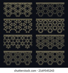 Set of golden seamless borders, line patterns. Tribal ethnic arabic, indian decorative ornaments, fashion gold lace collection. Isolated design elements for headline, banners, wedding invitation cards