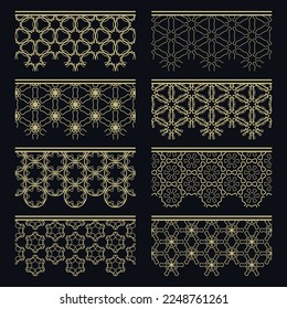 Set of golden seamless borders, line patterns. Tribal ethnic arabic, indian decorative ornaments, fashion gold lace collection. Isolated design elements for headline, banners, wedding invitation cards