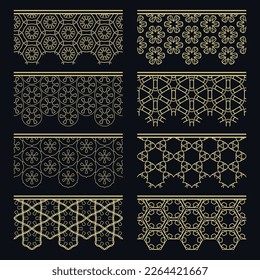 Conjunto de bordes dorados sin soldadura, patrones de línea. Arábico étnico tribal, adornos decorativos indios, colección de encajes de oro de moda. Elementos de diseño aislados para titulares, banners, tarjetas de invitación para bodas