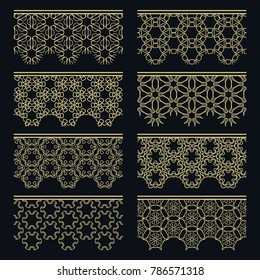 Set of golden seamless borders, line patterns. Tribal ethnic arabic, indian decorative ornaments, fashion gold lace collection. Isolated design elements for headline, banners, wedding invitation cards