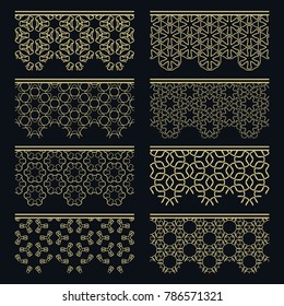 Set of golden seamless borders, line patterns. Tribal ethnic arabic, indian decorative ornaments, fashion gold lace collection. Isolated design elements for headline, banners, wedding invitation cards