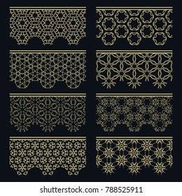 Set of golden seamless borders, line patterns. Tribal ethnic arabic, indian decorative ornaments, fashion gold lace collection. Isolated design elements for headline, banners, wedding invitation cards