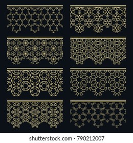 Set of golden seamless borders, line patterns. Tribal ethnic arabic, indian decorative ornaments, fashion gold lace collection. Isolated design elements for headline, banners, wedding invitation cards