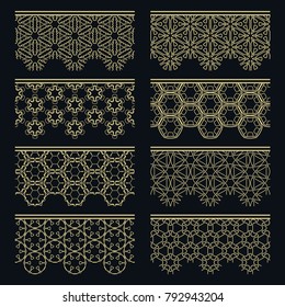 Set of golden seamless borders, line patterns. Tribal ethnic arabic, indian decorative ornaments, fashion gold lace collection. Isolated design elements for headline, banners, wedding invitation cards