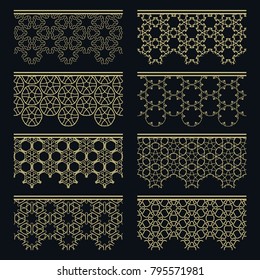 Set of golden seamless borders, line patterns. Tribal ethnic arabic, indian decorative ornaments, fashion gold lace collection. Isolated design elements for headline, banners, wedding invitation cards