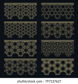 Set of golden seamless borders, line patterns. Tribal ethnic arabic, indian decorative ornaments, fashion gold lace collection. Isolated design elements for headline, banners, wedding invitation cards