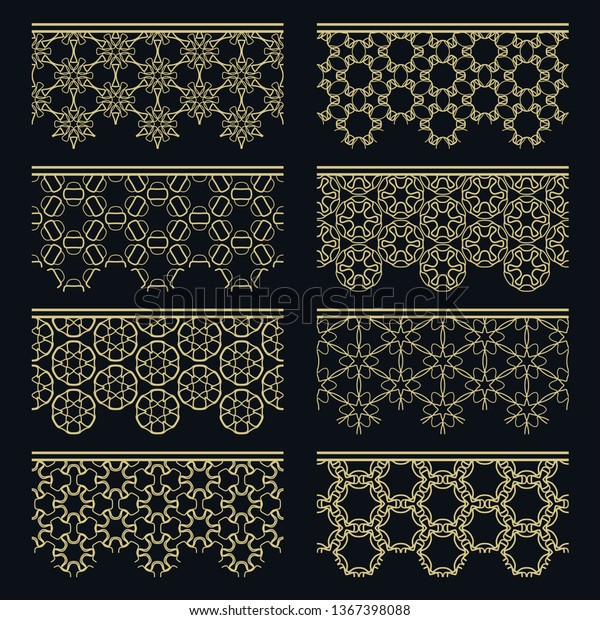 Set of golden seamless borders, line patterns.
Tribal ethnic arabic, indian decorative ornaments, fashion gold
lace collection. Isolated design elements for headline, banners,
wedding invitation cards