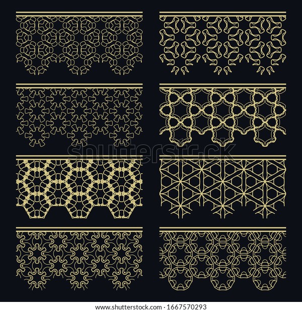 Set of golden seamless borders, line patterns.\
Tribal ethnic arabic, indian decorative ornaments, fashion gold\
lace collection. Isolated design elements for headline, banners,\
wedding invitation cards