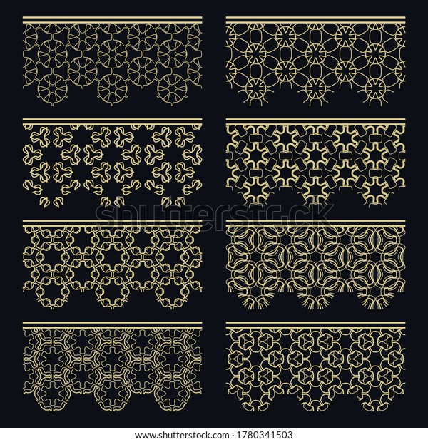 Set of golden seamless borders, line patterns.\
Tribal ethnic arabic, indian decorative ornaments, fashion gold\
lace collection. Isolated design elements for headline, banners,\
wedding invitation cards