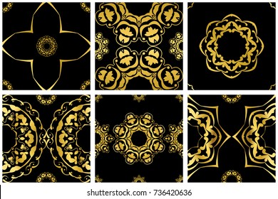 Set of golden seamless pattern on black background in Islamic, Mediterranean style, floral ornament. Vector illustration for tile, backdrop, wallpaper, textile, pack paper. Rococo, baroque, art deco. 