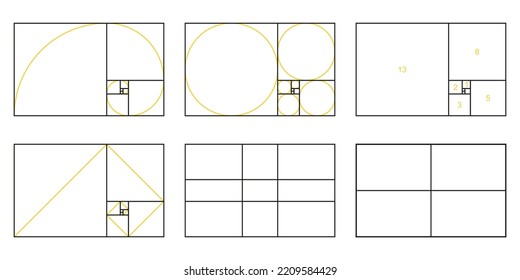 Establecer sección dorada, números fibonacci, directriz de espiral de composición, relación de proporciones ideal