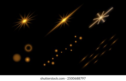 Set Golden Sequins, Glare, Radiance, Light, Glitter. Orange Glowing bright shining effect vector isolated. Bokeh light effect background.
