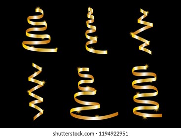 Set golden serpentine holiday ribbons with spangle