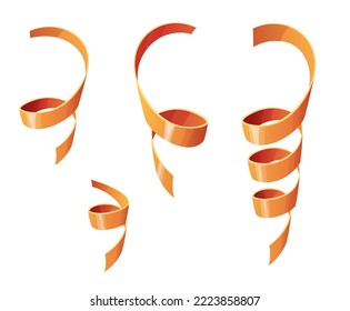 Set of golden serpentine on an isolated background. Twisted satin ribbons for the holiday, festival. Christmas decor. Vector cartoon illustration