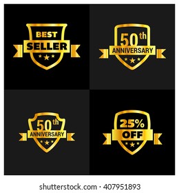 Set of Golden Shield different design. Best Seller, 50th anniversary, 25th Off Shield Set. Vector illustration.