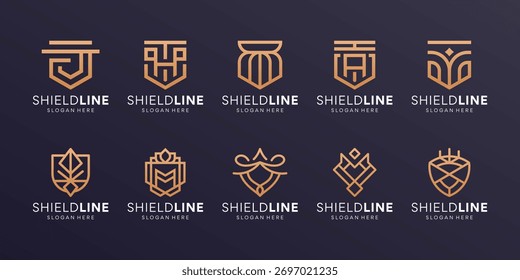 Conjunto de Plantilla de diseño de logotipo de escudo dorado. Forma de escudo Abstractas con estilo artístico de línea. Icono de lujo Elementos Ilustración vectorial.