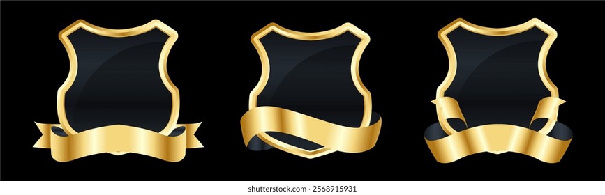 Set of Golden shield with ribbons. Gold ribbon banners. Ribbon elements. Modern Luxury ribbons collection. isolated on dark background. Vector illustration eps 10