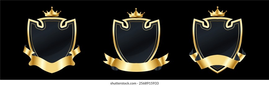 Set of Golden shield with ribbons. Gold ribbon banners. Ribbon elements. Modern Luxury ribbons collection. isolated on dark background. Vector illustration eps 10