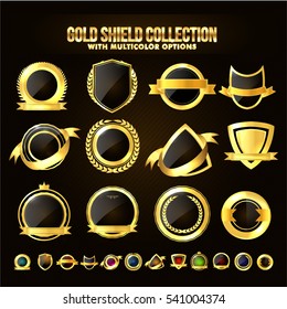 Set of Golden Shield, Stickers, Labels, Ribbons with Multicolors options.
